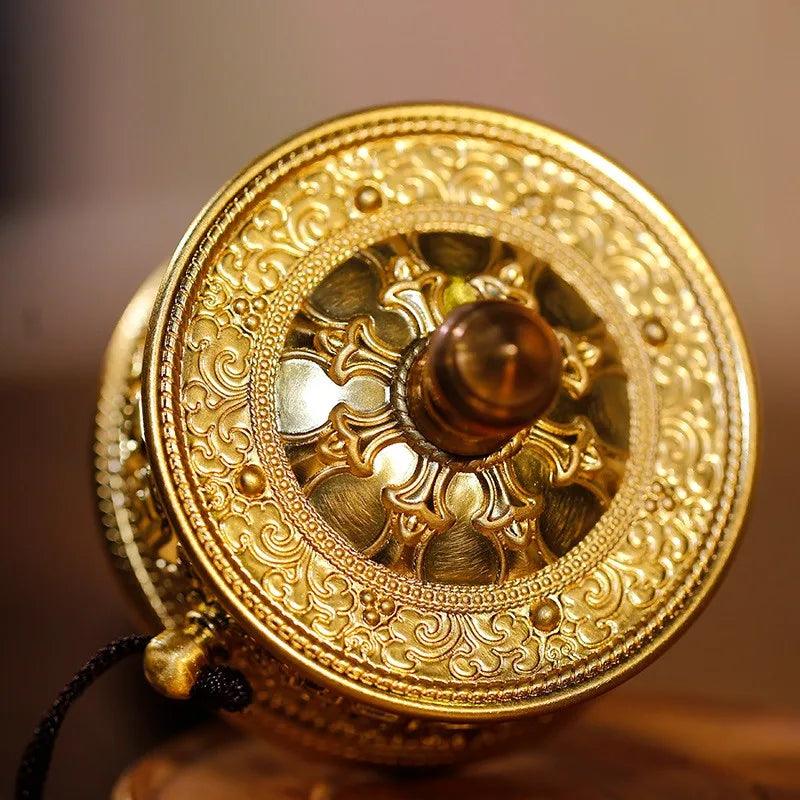 Roue de Prière Bouddhiste en Alliage d'Or - Talisman Sacré pour Méditation et Purification