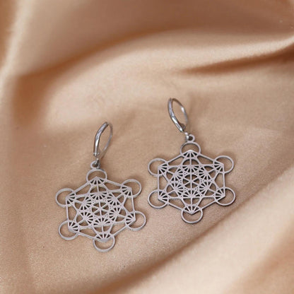 Boucles d'Oreilles Cube de Métatron en Acier Inoxydable - Géométrie Sacrée pour Hommes et Femmes