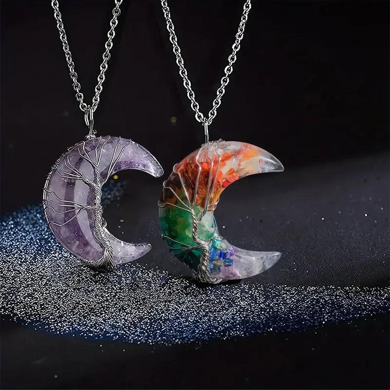 Collier de Guérison 7 Chakras - Pendentif Croissant de Lune avec Pierre Naturelle et Arbre de Vie - Variante