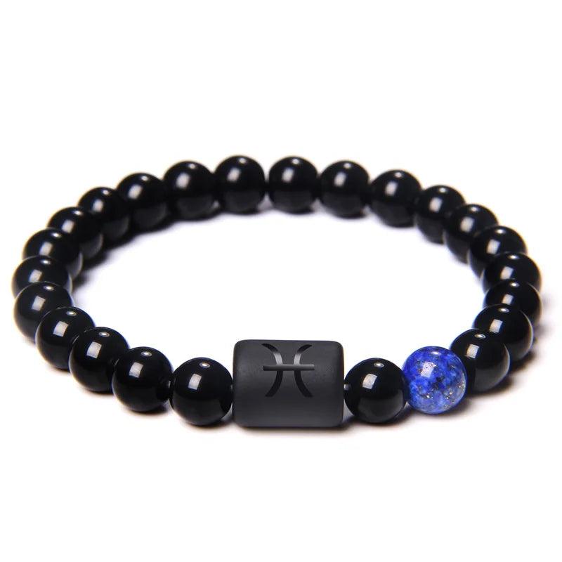 Bracelet en Pierre d’Onyx Noir Naturel - 12 Constellations et Signes du Zodiaque - Variante