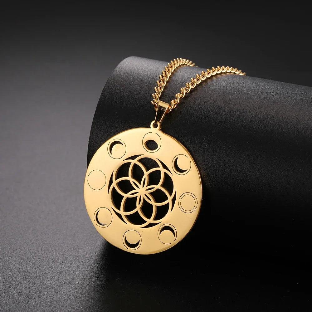 Collier Phase de Lune - Pendentif Géométrie Sacrée et Amulette Wiccan en Acier Inoxydable