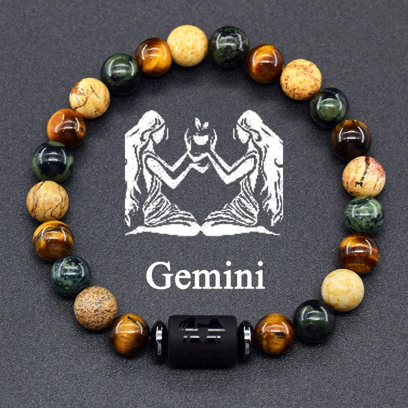 12 Zodiac Constellation Signs Bracelets en véritable pierre de l'œil du Tigre - Variante