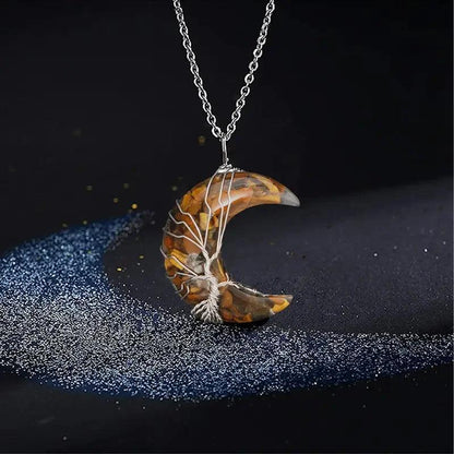 Collier de Guérison 7 Chakras - Pendentif Croissant de Lune avec Pierre Naturelle et Arbre de Vie - Variante