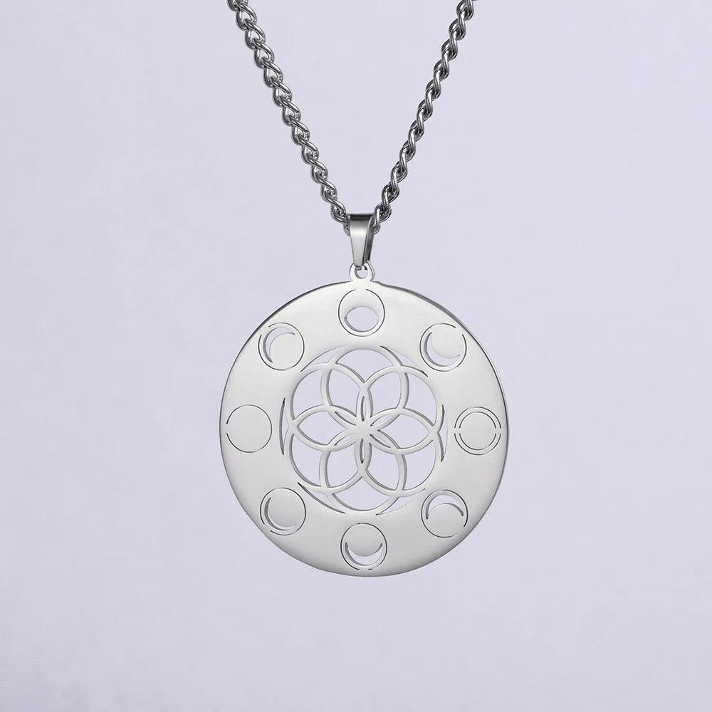 Collier Phase de Lune - Pendentif Géométrie Sacrée et Amulette Wiccan en Acier Inoxydable