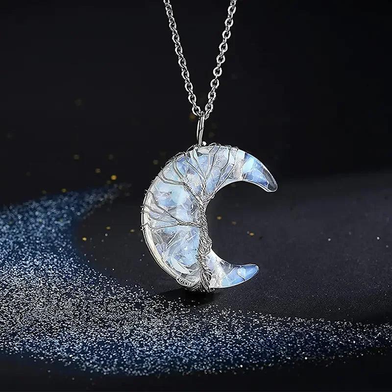 Collier de Guérison 7 Chakras - Pendentif Croissant de Lune avec Pierre Naturelle et Arbre de Vie - Variante