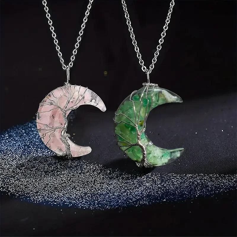 Collier de Guérison 7 Chakras - Pendentif Croissant de Lune avec Pierre Naturelle et Arbre de Vie - Variante