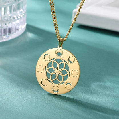 Collier Phase de Lune - Pendentif Géométrie Sacrée et Amulette Wiccan en Acier Inoxydable