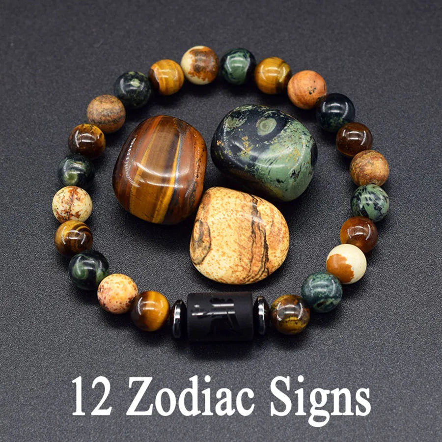 12 Zodiac Constellation Signs Bracelets en véritable pierre de l'œil du Tigre