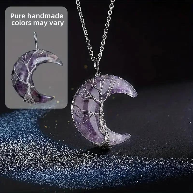 Collier de Guérison 7 Chakras - Pendentif Croissant de Lune avec Pierre Naturelle et Arbre de Vie - Variante