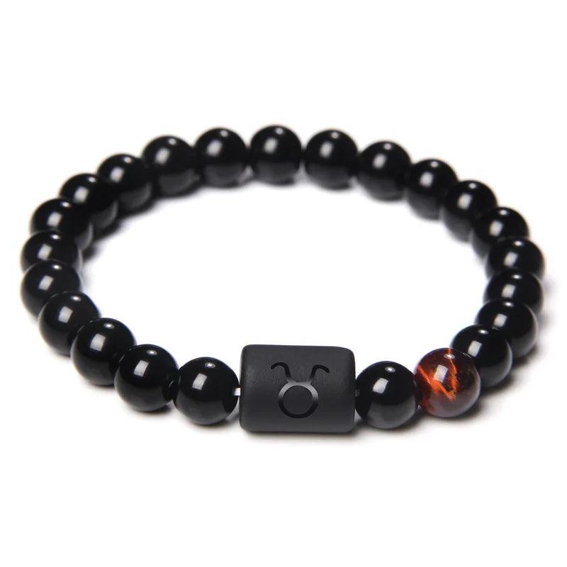 Bracelet en Pierre d’Onyx Noir Naturel - 12 Constellations et Signes du Zodiaque - Variante