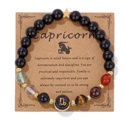 Bracelet en Perles d'Obsidienne Noire avec Signe du Zodiaque - Bijou Unisexe - Variante