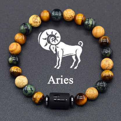 12 Zodiac Constellation Signs Bracelets en véritable pierre de l'œil du Tigre - Variante