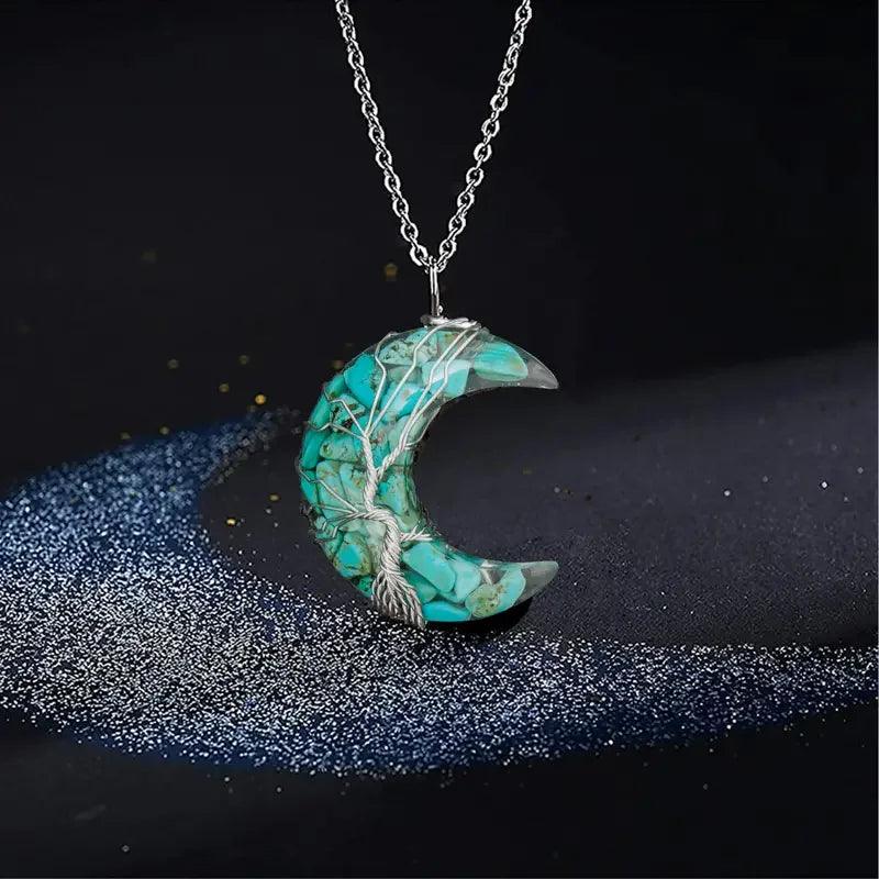 Collier de Guérison 7 Chakras - Pendentif Croissant de Lune avec Pierre Naturelle et Arbre de Vie - Variante