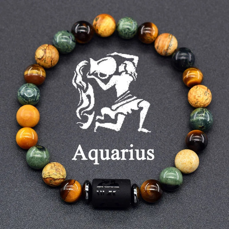 12 Zodiac Constellation Signs Bracelets en véritable pierre de l'œil du Tigre - Variante