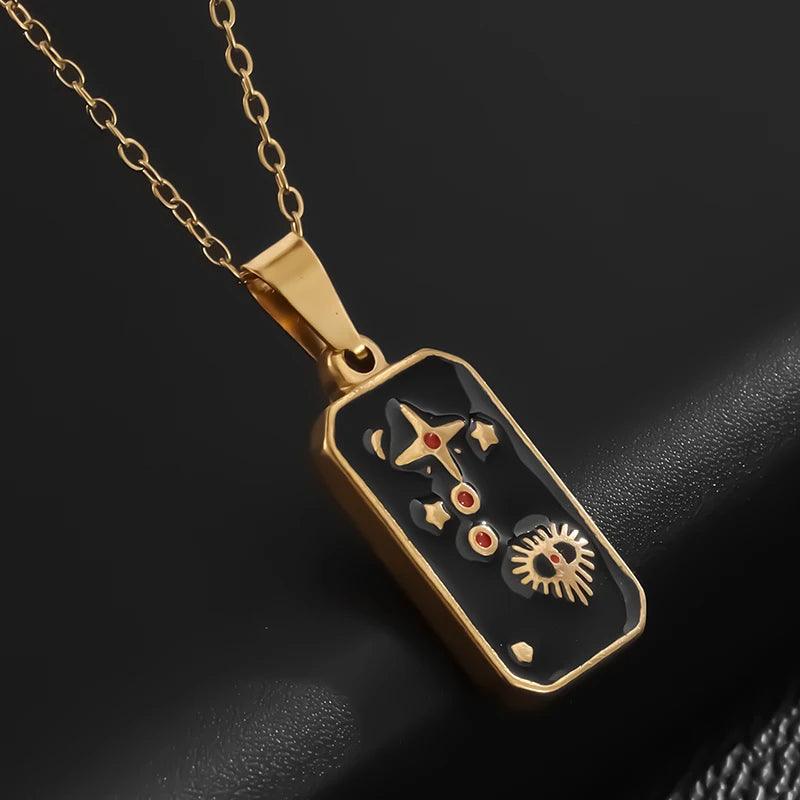 Collier Carte de Tarot en Acier Inoxydable - Pendentif Étoile et Soleil pour Femme