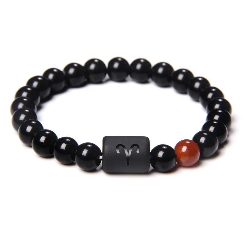 Bracelet en Pierre d’Onyx Noir Naturel - 12 Constellations et Signes du Zodiaque - Variante