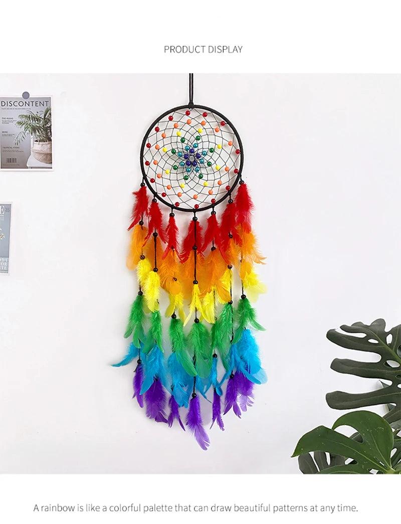 Attrape-Rêves en Plumes Colorées - Décoration Murale Artisanale pour Ambiance Mystique