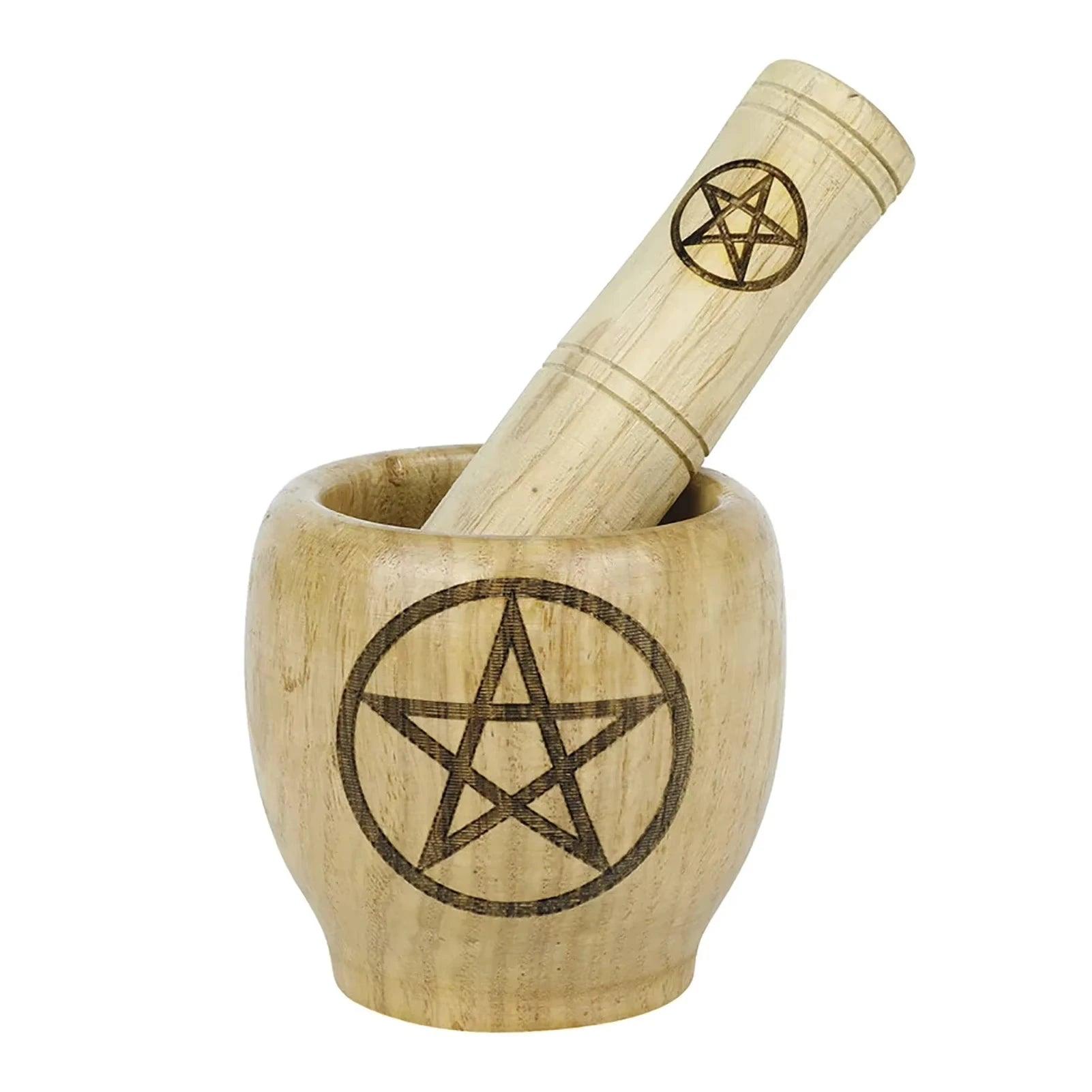 Mortier et Pilon en Bois - Motif Pentagramme et Lune Triphasée pour Rituels et Sorcellerie