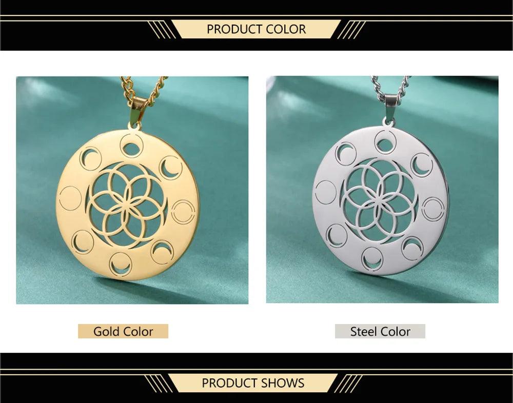 Collier Phase de Lune - Pendentif Géométrie Sacrée et Amulette Wiccan en Acier Inoxydable