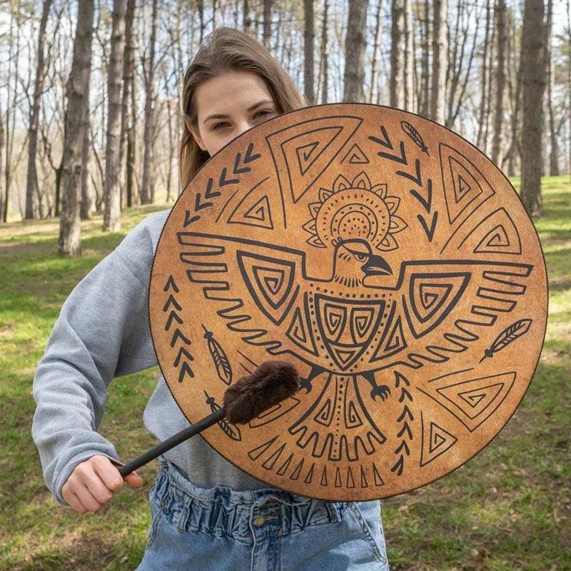 Tambour Chamanique Sibérien en Bois - Instrument Spirituel Fait Main avec Baguettes