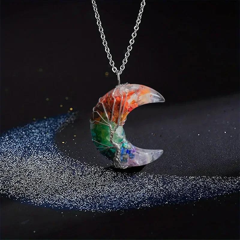 Collier de Guérison 7 Chakras - Pendentif Croissant de Lune avec Pierre Naturelle et Arbre de Vie - Variante