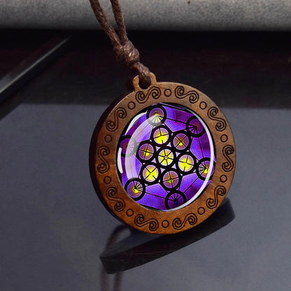 Collier Mandala Sri Yantra en Verre et Bois - Géométrie Sacrée et Bijou Spirituel - Variante