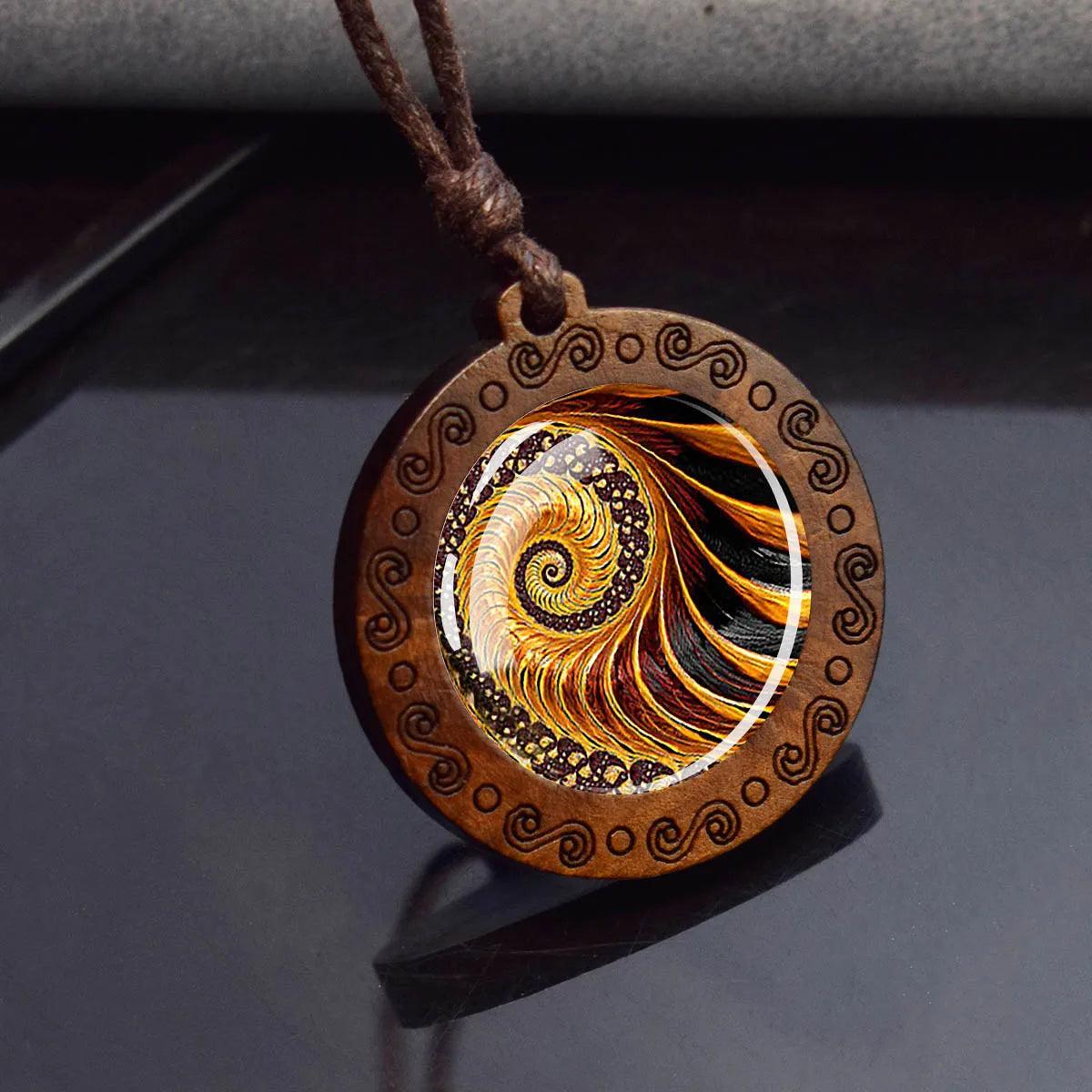 Collier Mandala Sri Yantra en Verre et Bois - Géométrie Sacrée et Bijou Spirituel - Variante