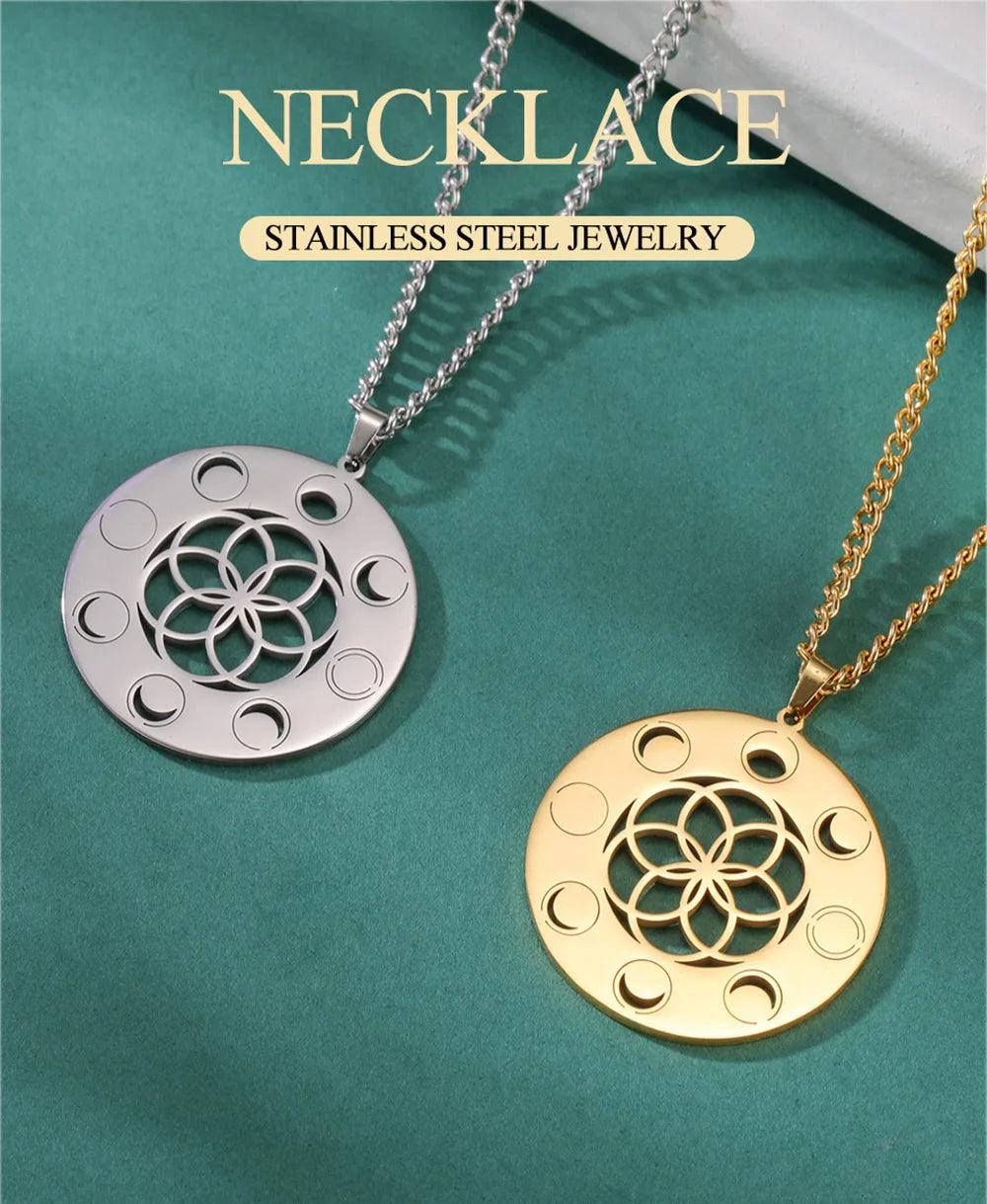 Collier Phase de Lune - Pendentif Géométrie Sacrée et Amulette Wiccan en Acier Inoxydable