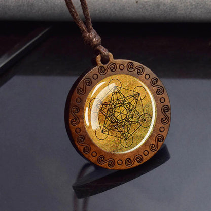 Collier Mandala Sri Yantra en Verre et Bois - Géométrie Sacrée et Bijou Spirituel - Variante