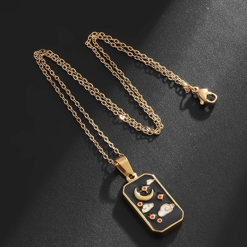 Collier Carte de Tarot en Acier Inoxydable - Pendentif Étoile et Soleil pour Femme