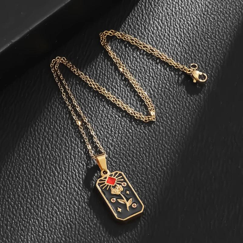 Collier Carte de Tarot en Acier Inoxydable - Pendentif Étoile et Soleil pour Femme