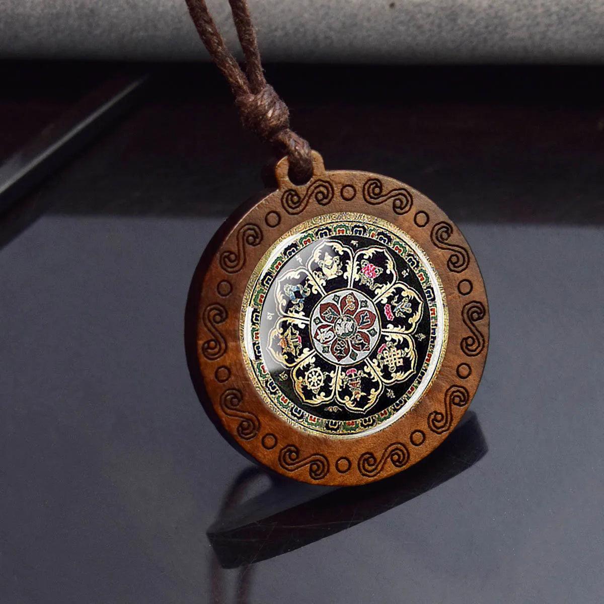 Collier Mandala Sri Yantra en Verre et Bois - Géométrie Sacrée et Bijou Spirituel - Variante