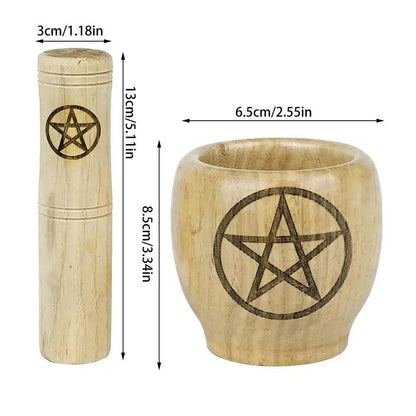 Mortier et Pilon en Bois - Motif Pentagramme et Lune Triphasée pour Rituels et Sorcellerie