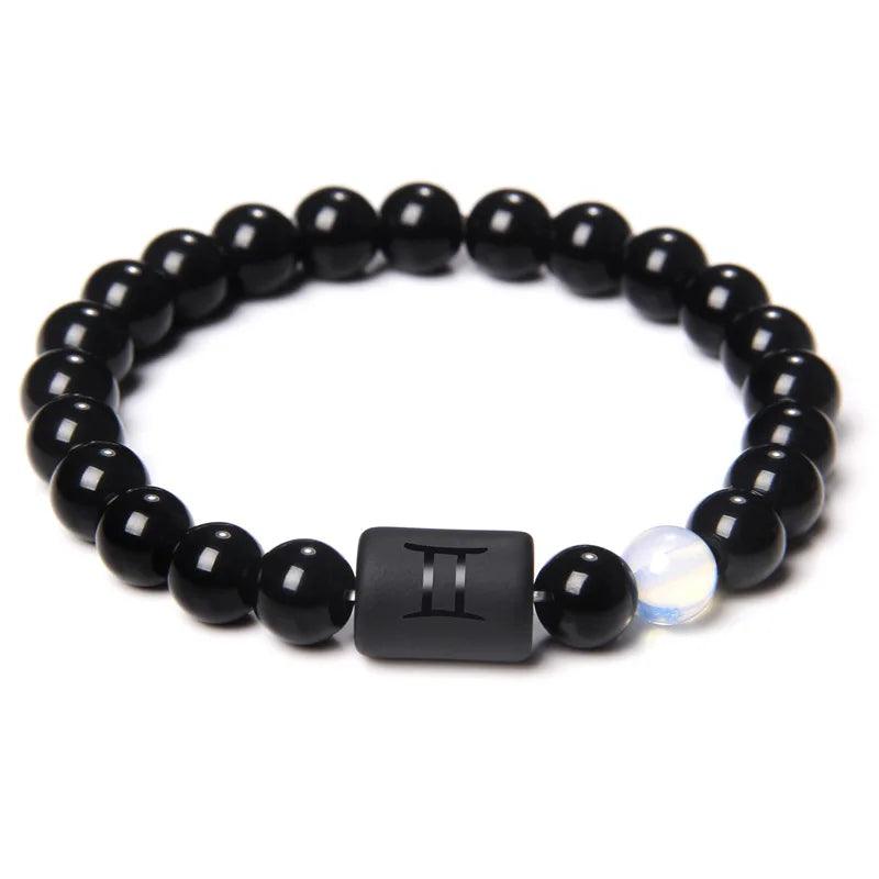 Bracelet en Pierre d’Onyx Noir Naturel - 12 Constellations et Signes du Zodiaque - Variante