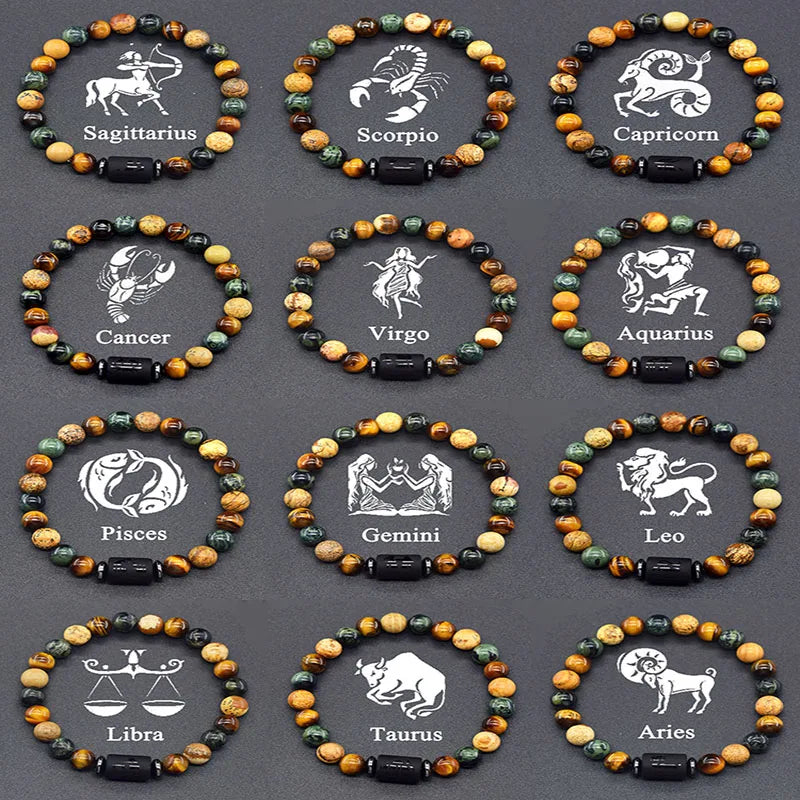 12 Zodiac Constellation Signs Bracelets en véritable pierre de l'œil du Tigre - Variante