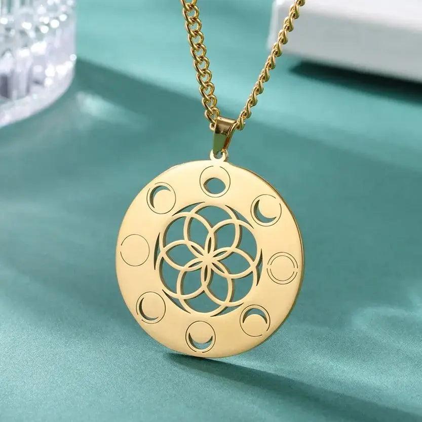 Collier Phase de Lune - Pendentif Géométrie Sacrée et Amulette Wiccan en Acier Inoxydable