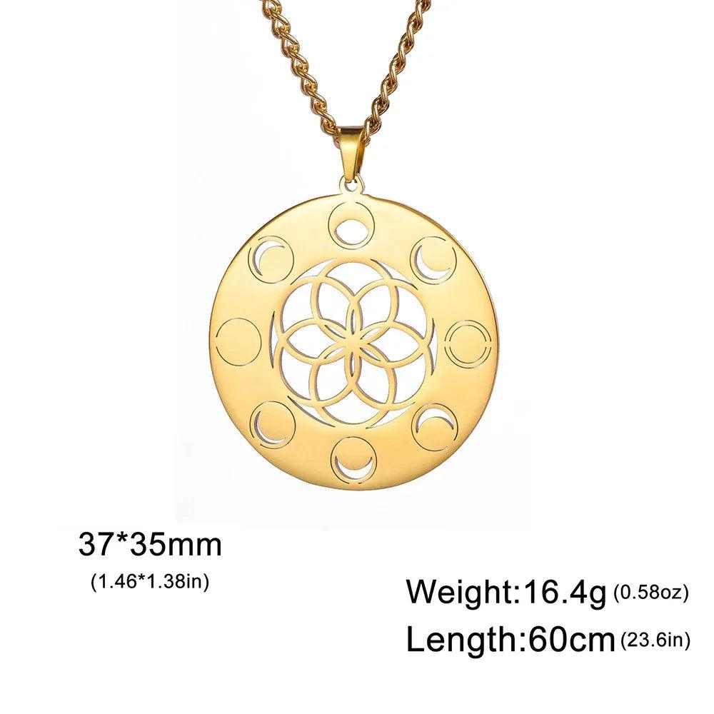 Collier Phase de Lune - Pendentif Géométrie Sacrée et Amulette Wiccan en Acier Inoxydable