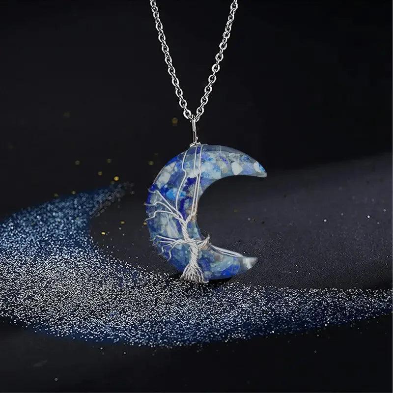 Collier de Guérison 7 Chakras - Pendentif Croissant de Lune avec Pierre Naturelle et Arbre de Vie - Variante