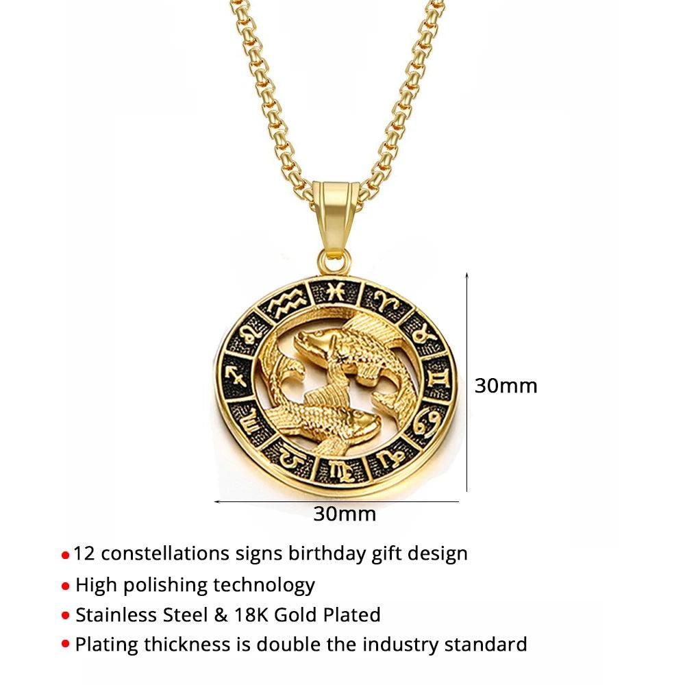 Collier Pendentif Zodiaque - Lion, Scorpion et 12 Constellations en Acier Inoxydable