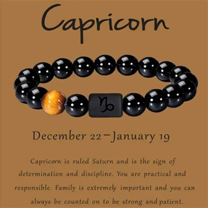 Bracelet en Pierre d’Onyx Noir Naturel - 12 Constellations et Signes du Zodiaque