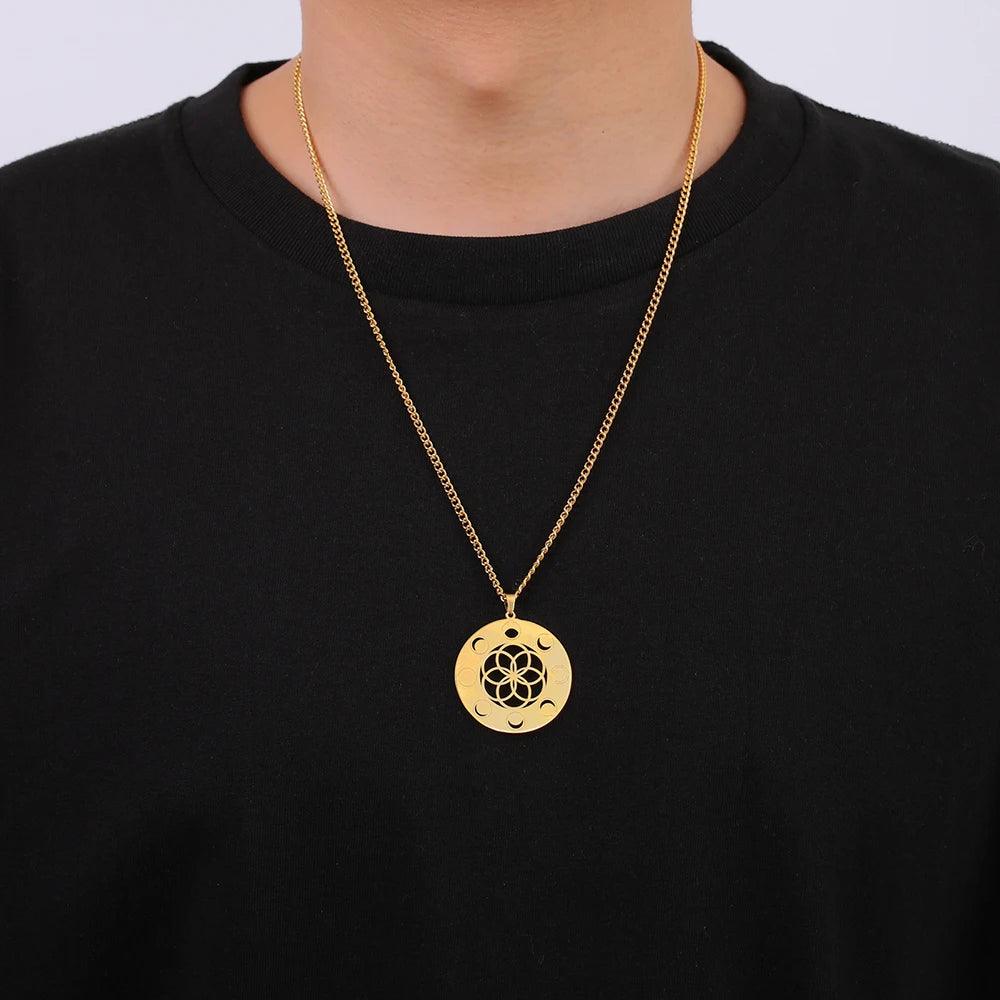 Collier Phase de Lune - Pendentif Géométrie Sacrée et Amulette Wiccan en Acier Inoxydable