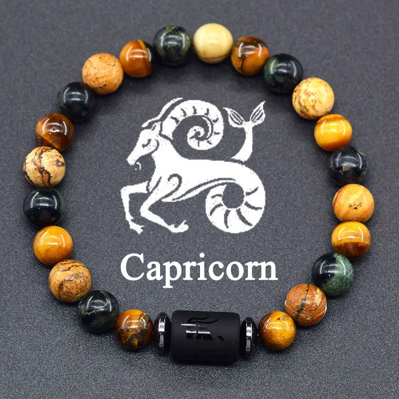 12 Zodiac Constellation Signs Bracelets en véritable pierre de l'œil du Tigre - Variante