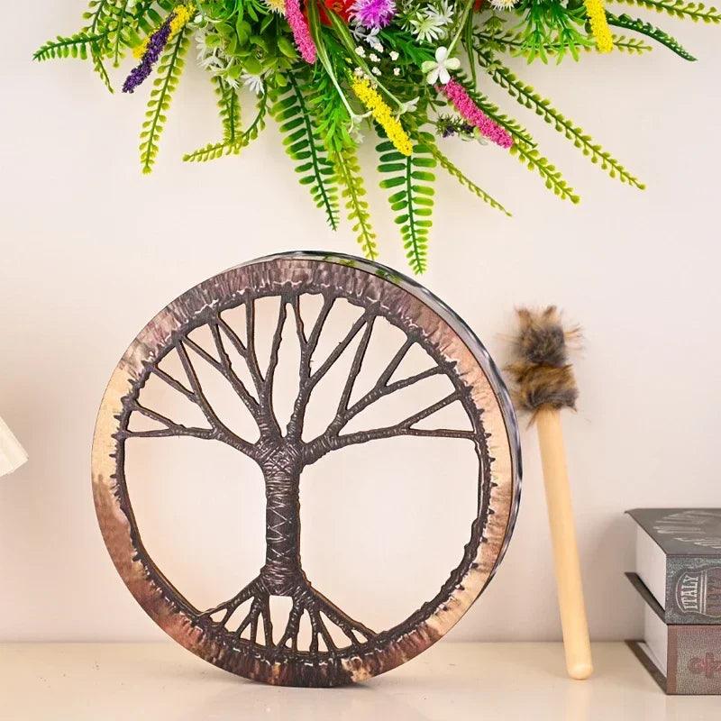 Tambour Chamanique Sibérien en Bois - Instrument Spirituel Fait Main avec Baguettes