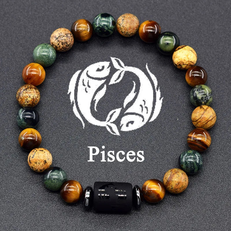 12 Zodiac Constellation Signs Bracelets en véritable pierre de l'œil du Tigre - Variante