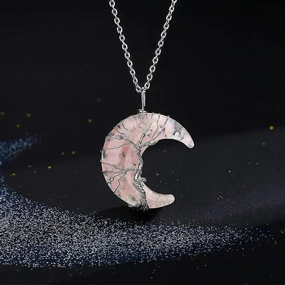 Collier de Guérison 7 Chakras - Pendentif Croissant de Lune avec Pierre Naturelle et Arbre de Vie - Variante