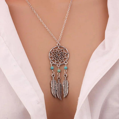 Collier Attrape-Rêves Ethnique Bohème - Plumes et Mandala Indien en Acier Inoxydable