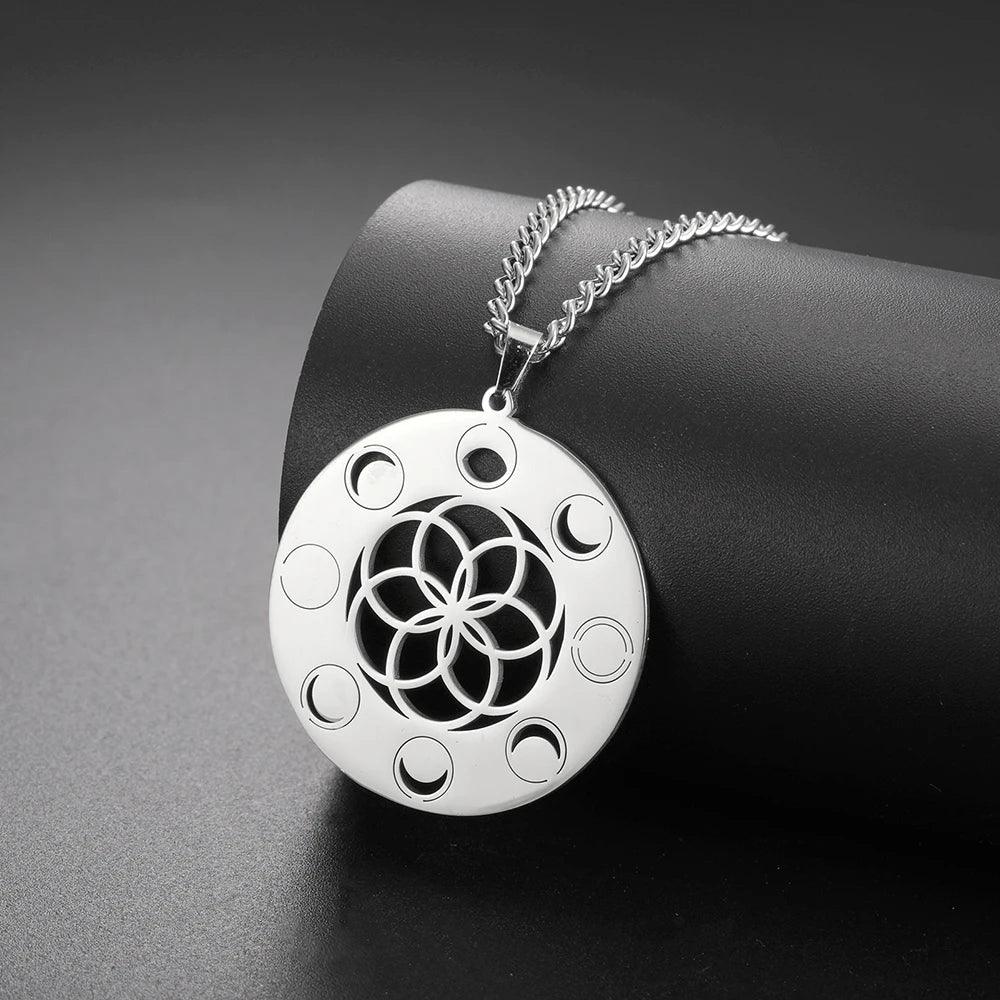 Collier Phase de Lune - Pendentif Géométrie Sacrée et Amulette Wiccan en Acier Inoxydable - Variante