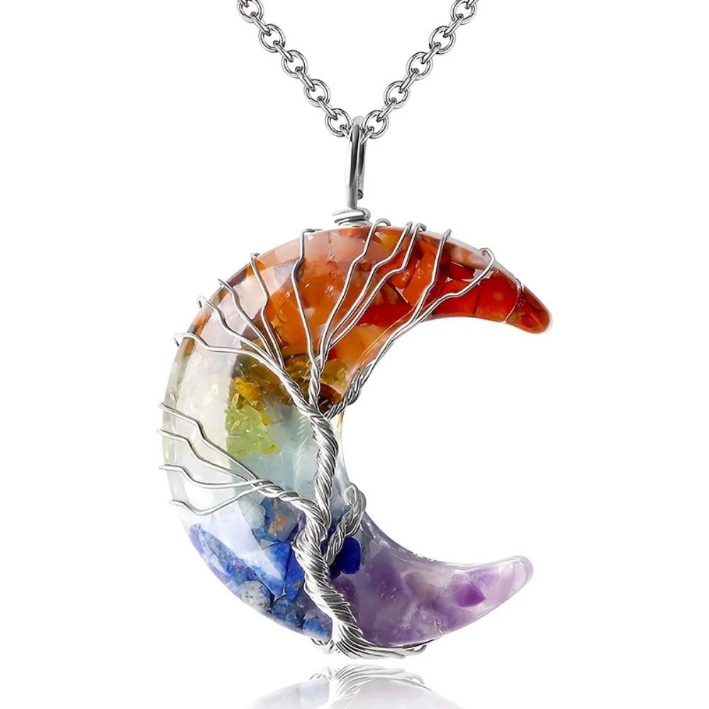 Collier de Guérison 7 Chakras - Pendentif Croissant de Lune avec Pierre Naturelle et Arbre de Vie