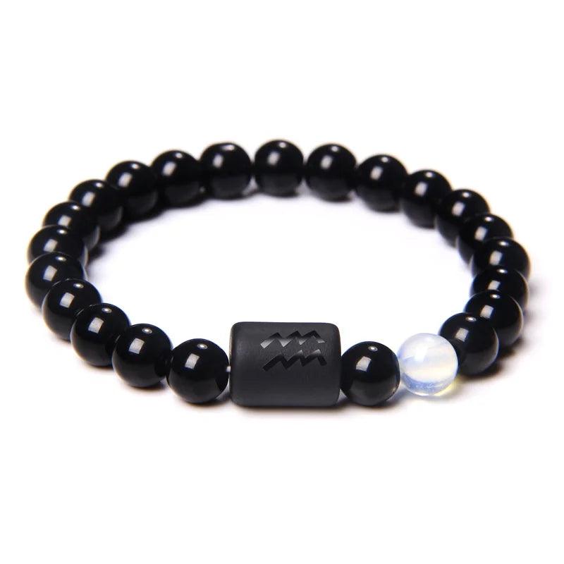 Bracelet en Pierre d’Onyx Noir Naturel - 12 Constellations et Signes du Zodiaque