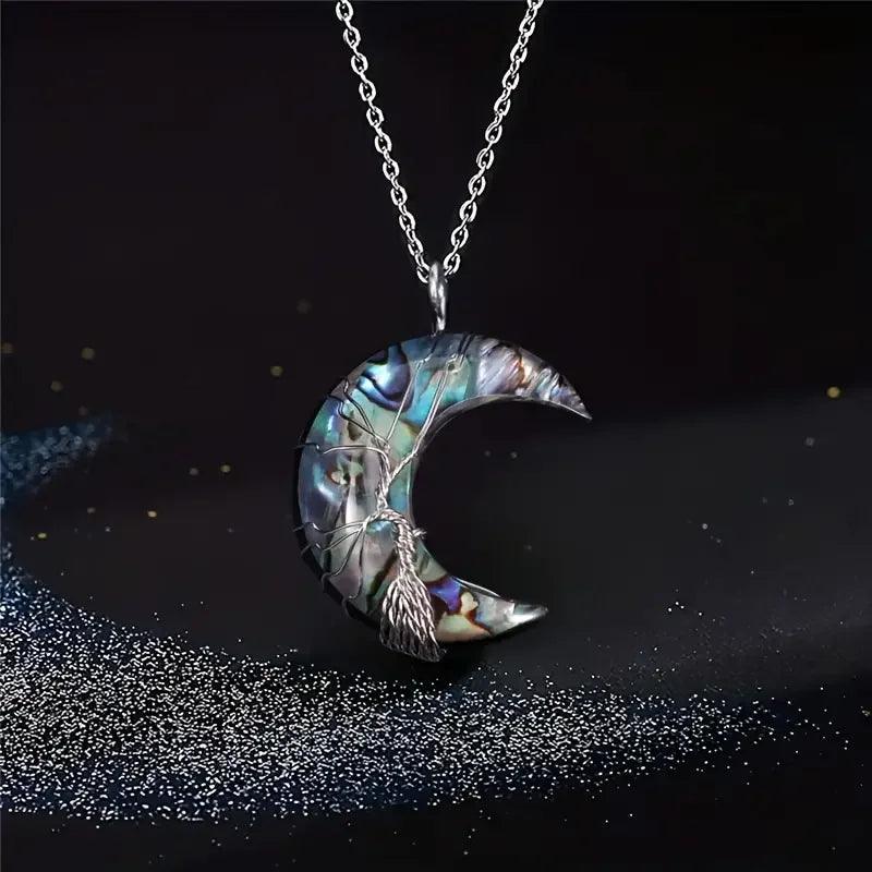 Collier de Guérison 7 Chakras - Pendentif Croissant de Lune avec Pierre Naturelle et Arbre de Vie - Variante